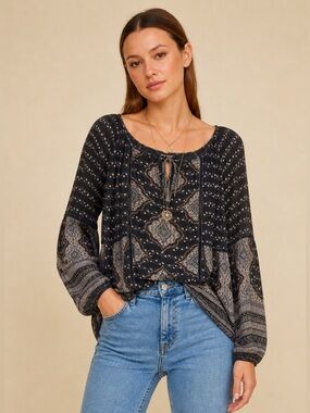 Lucky Brand Black Paisley Floral Boho Peasant Blouse Cotton Small